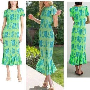 NEW $595 RHODE LULANI STUNNING MAXI DRESS IN GREEN & BLUE CLOVER BLOCK PRT SZ 6